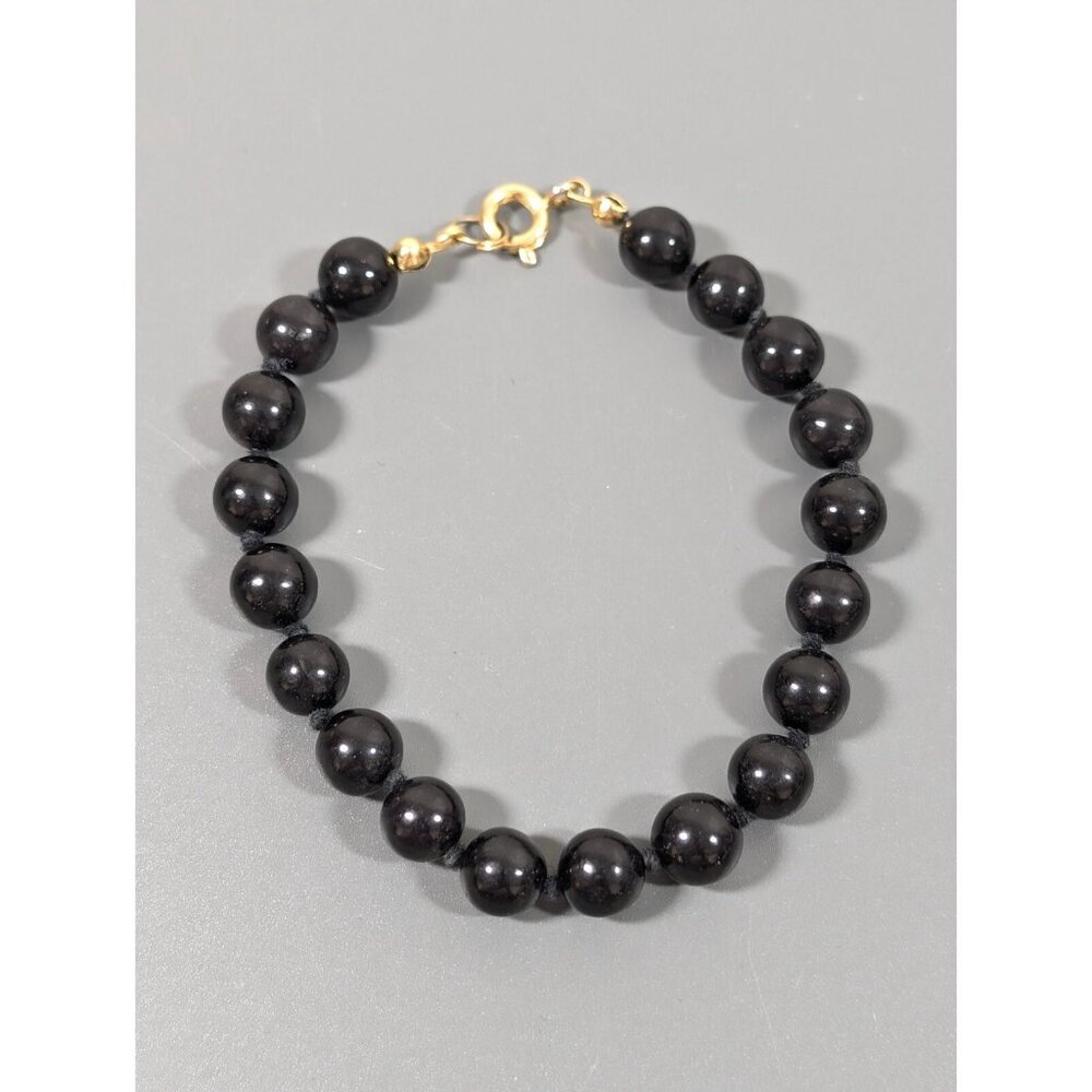 Vintage Black Glass Round 8mm Bead Knotted Bracelet Classic Retro 7 inches